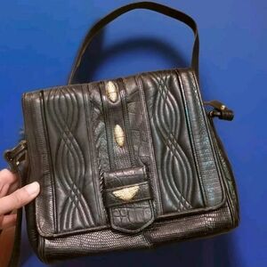 Vintage 1970s Black Reptile Leather Shoulder Bag With Gold Accents Snake Skin